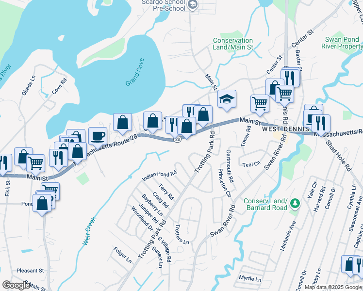map of restaurants, bars, coffee shops, grocery stores, and more near 715 Main Street in Dennis