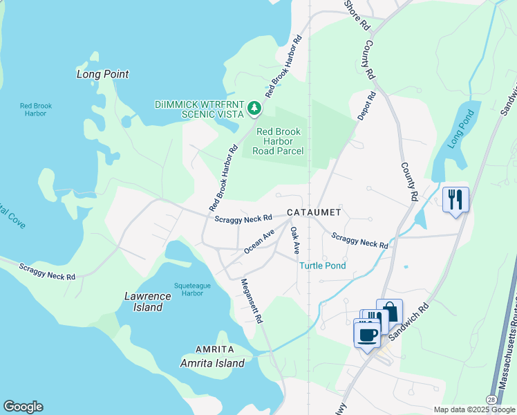 map of restaurants, bars, coffee shops, grocery stores, and more near 7 Post Office Square in Bourne