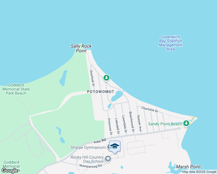 map of restaurants, bars, coffee shops, grocery stores, and more near 122 Beachwood Drive in East Greenwich