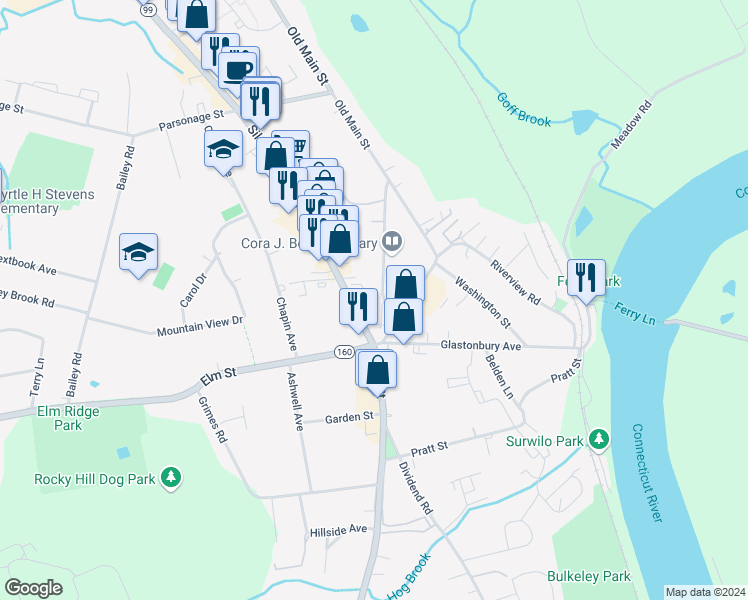 map of restaurants, bars, coffee shops, grocery stores, and more near 33-53 Church Street in Rocky Hill
