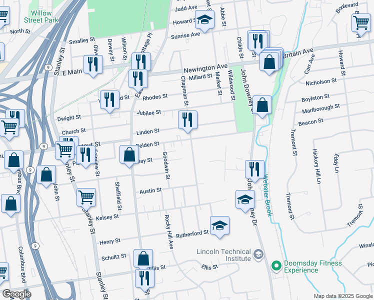 map of restaurants, bars, coffee shops, grocery stores, and more near 123 Belden Street in New Britain
