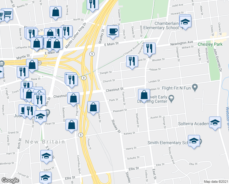 map of restaurants, bars, coffee shops, grocery stores, and more near 340 Chestnut Street in New Britain
