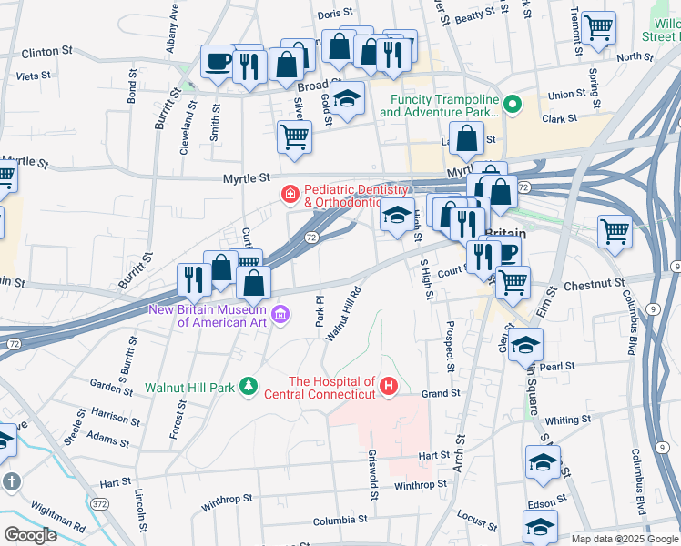 map of restaurants, bars, coffee shops, grocery stores, and more near 17 Russell Street in New Britain