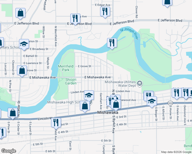 map of restaurants, bars, coffee shops, grocery stores, and more near 633-699 Gernhart Ave in Mishawaka