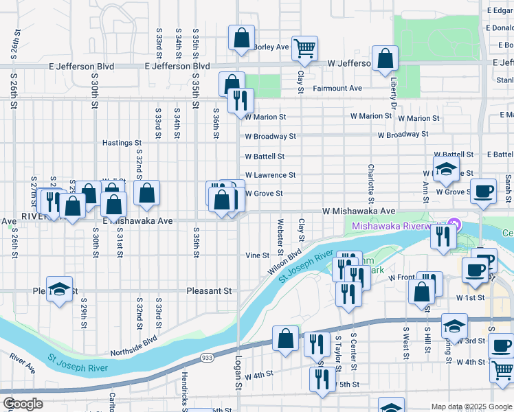 map of restaurants, bars, coffee shops, grocery stores, and more near 1016 West Grove Street in Mishawaka