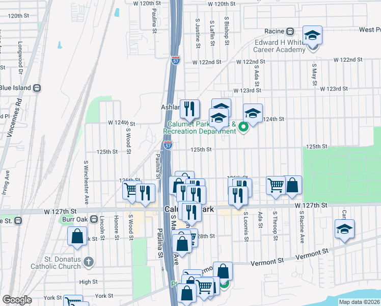 map of restaurants, bars, coffee shops, grocery stores, and more near 12452 South Justine Street in Calumet Park
