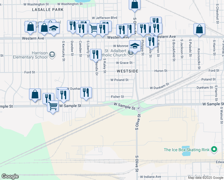 map of restaurants, bars, coffee shops, grocery stores, and more near 2622 West Dunham Street in South Bend