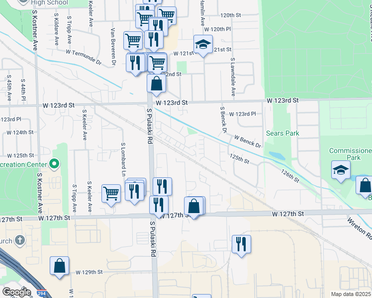 map of restaurants, bars, coffee shops, grocery stores, and more near 3846 West 124th Place in Alsip
