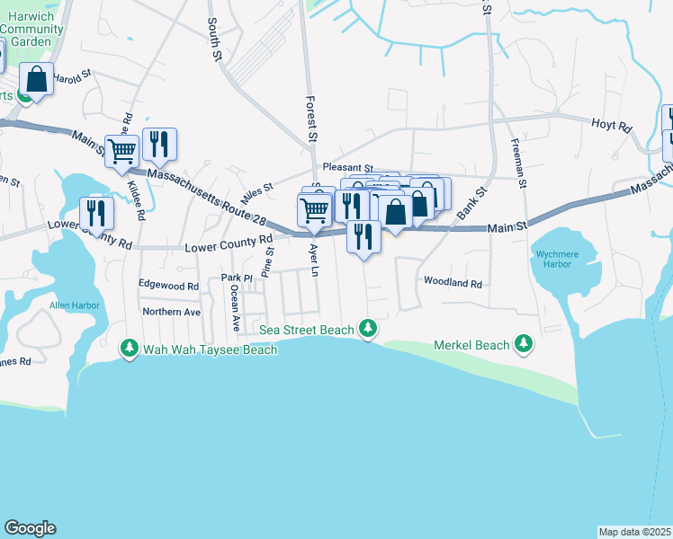map of restaurants, bars, coffee shops, grocery stores, and more near 32 Pilgrim Road in Harwich