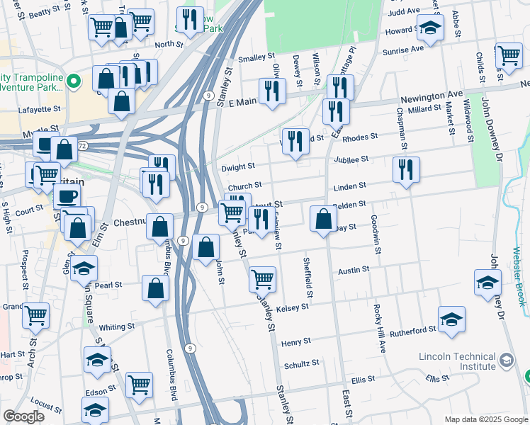 map of restaurants, bars, coffee shops, grocery stores, and more near 347 Chestnut Street in New Britain