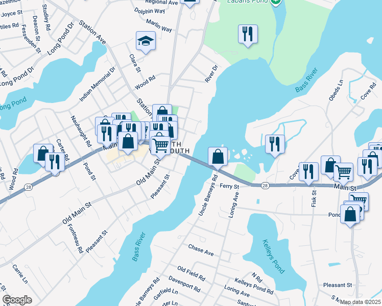 map of restaurants, bars, coffee shops, grocery stores, and more near 1378 Main Street in Yarmouth