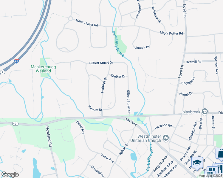 map of restaurants, bars, coffee shops, grocery stores, and more near 70 Heritage Drive in East Greenwich