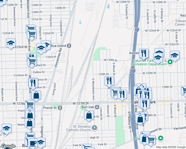 map of restaurants, bars, coffee shops, grocery stores, and more near 12435 South Winchester Avenue in Calumet Park