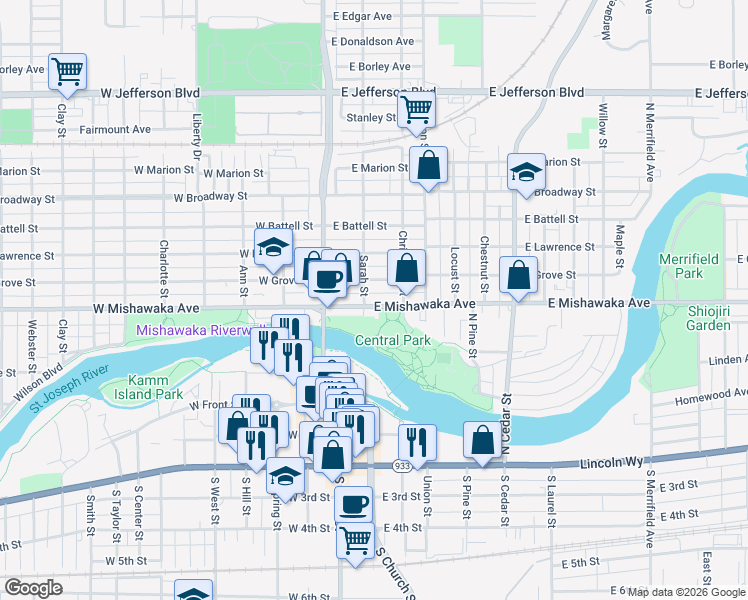map of restaurants, bars, coffee shops, grocery stores, and more near 210 East Mishawaka Avenue in Mishawaka