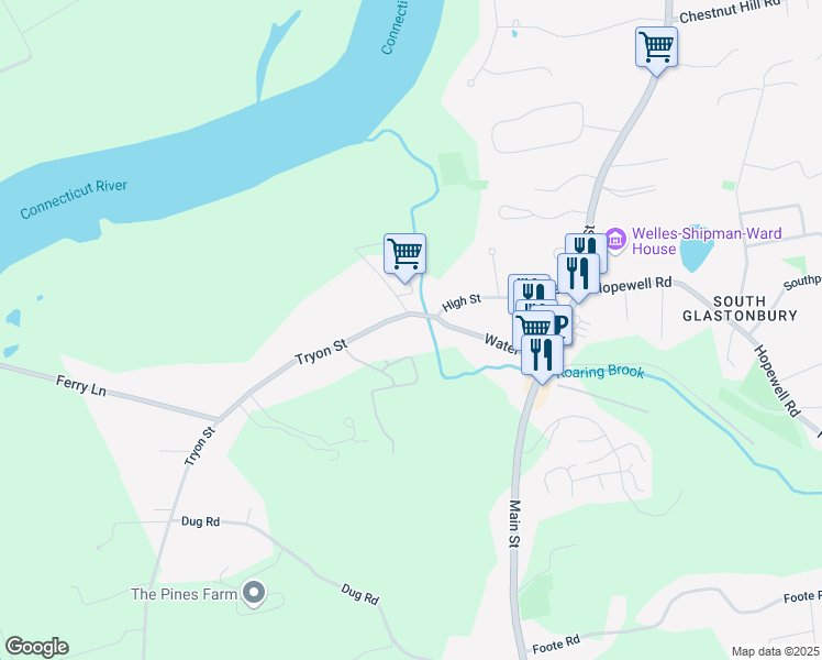 map of restaurants, bars, coffee shops, grocery stores, and more near 1 Tryon Farm Road in Glastonbury
