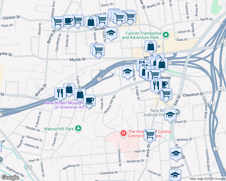map of restaurants, bars, coffee shops, grocery stores, and more near 17 Russell Street in New Britain