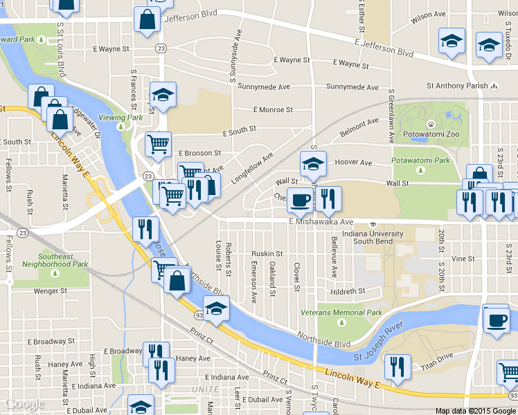 map of restaurants, bars, coffee shops, grocery stores, and more near 824 Emerson Avenue in South Bend