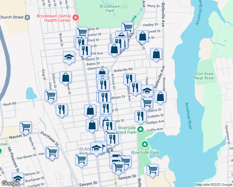 map of restaurants, bars, coffee shops, grocery stores, and more near 523 North Front Street in New Bedford