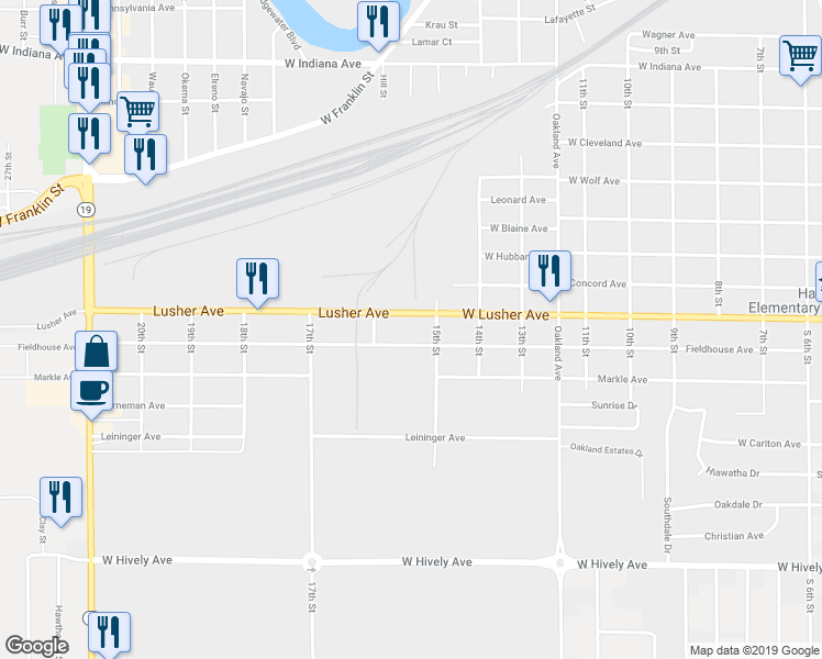 map of restaurants, bars, coffee shops, grocery stores, and more near 1511 Lusher Avenue in Elkhart