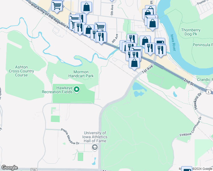 map of restaurants, bars, coffee shops, grocery stores, and more near 672 Hawkeye Court in Iowa City