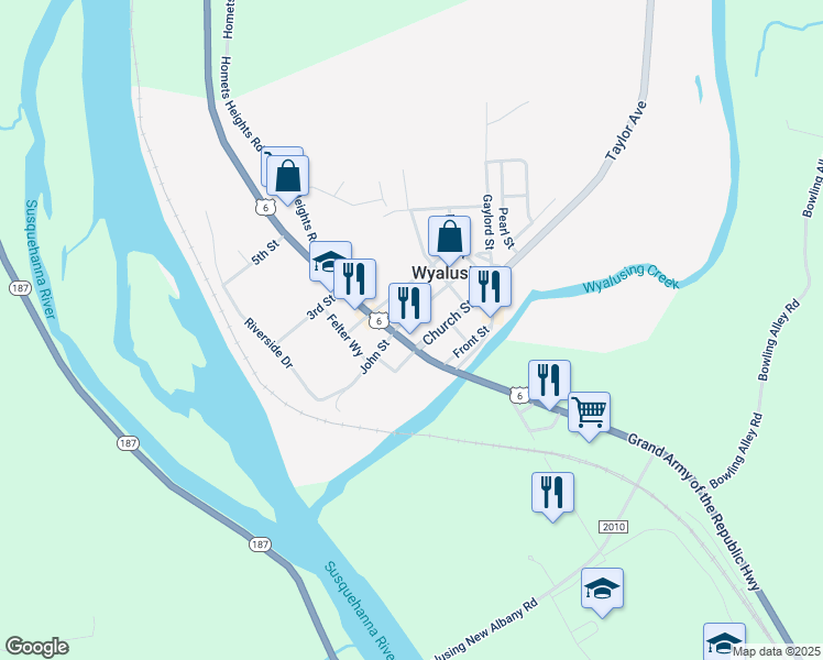 map of restaurants, bars, coffee shops, grocery stores, and more near 201 1st Street in Wyalusing