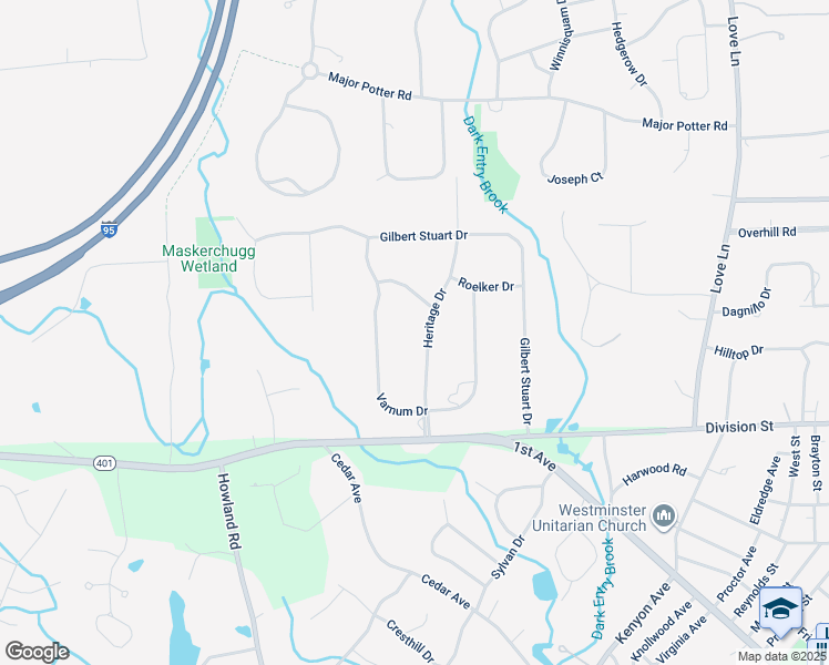 map of restaurants, bars, coffee shops, grocery stores, and more near 77 Heritage Drive in East Greenwich
