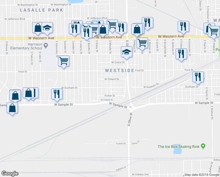 map of restaurants, bars, coffee shops, grocery stores, and more near 806 South Meade Street in South Bend