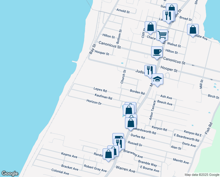 map of restaurants, bars, coffee shops, grocery stores, and more near 124 Lepes Road in Tiverton