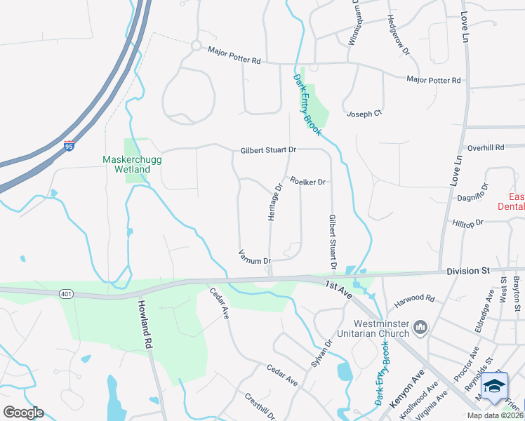 map of restaurants, bars, coffee shops, grocery stores, and more near 77 Heritage Drive in East Greenwich
