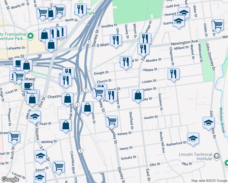 map of restaurants, bars, coffee shops, grocery stores, and more near 340 Chestnut Street in New Britain