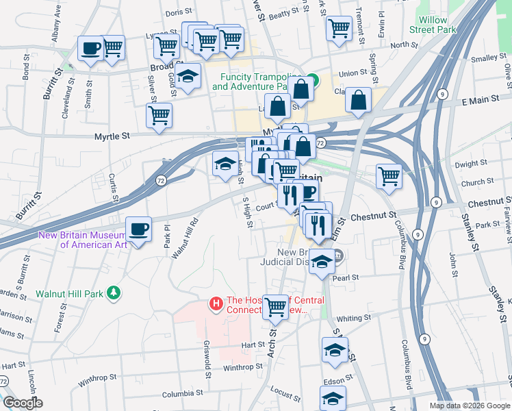 map of restaurants, bars, coffee shops, grocery stores, and more near 114 West Main Street in New Britain