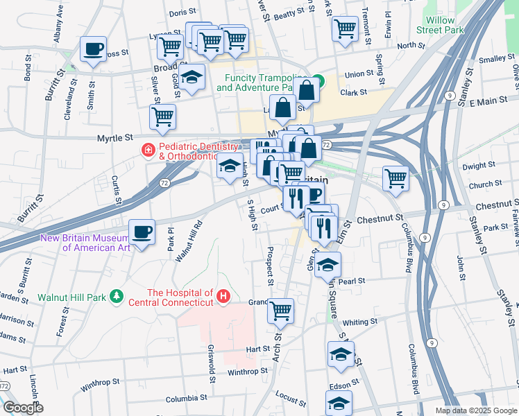 map of restaurants, bars, coffee shops, grocery stores, and more near 114 West Main Street in New Britain