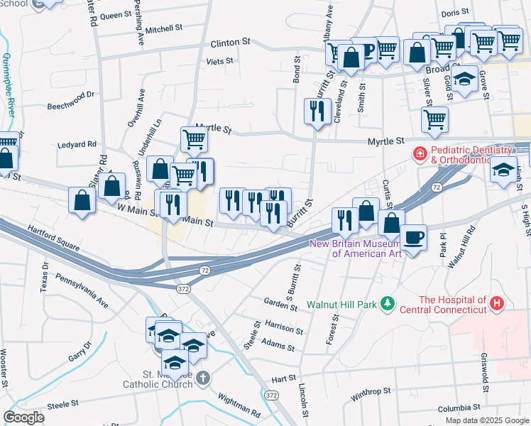 map of restaurants, bars, coffee shops, grocery stores, and more near 38 Newfield Avenue in New Britain