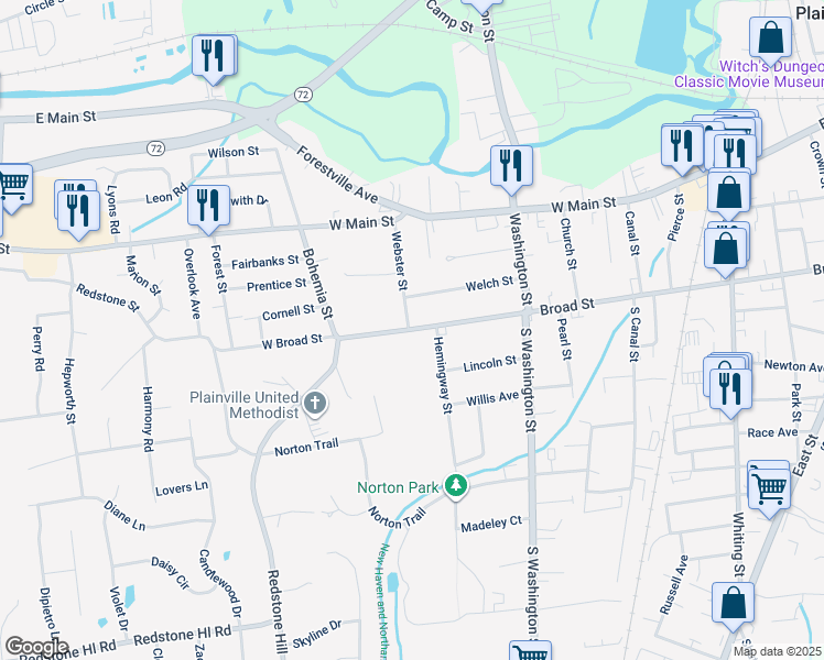 map of restaurants, bars, coffee shops, grocery stores, and more near 183 Broad Street in Plainville
