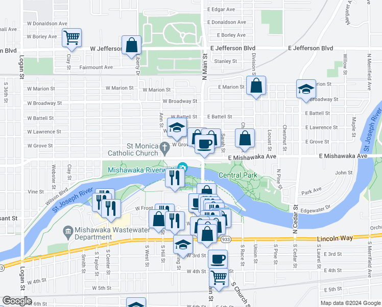 map of restaurants, bars, coffee shops, grocery stores, and more near 129 West Grove Street in Mishawaka
