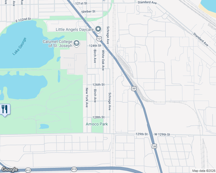 map of restaurants, bars, coffee shops, grocery stores, and more near 2542 White Oak Avenue in Whiting