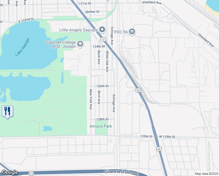 map of restaurants, bars, coffee shops, grocery stores, and more near 2542 White Oak Avenue in Whiting