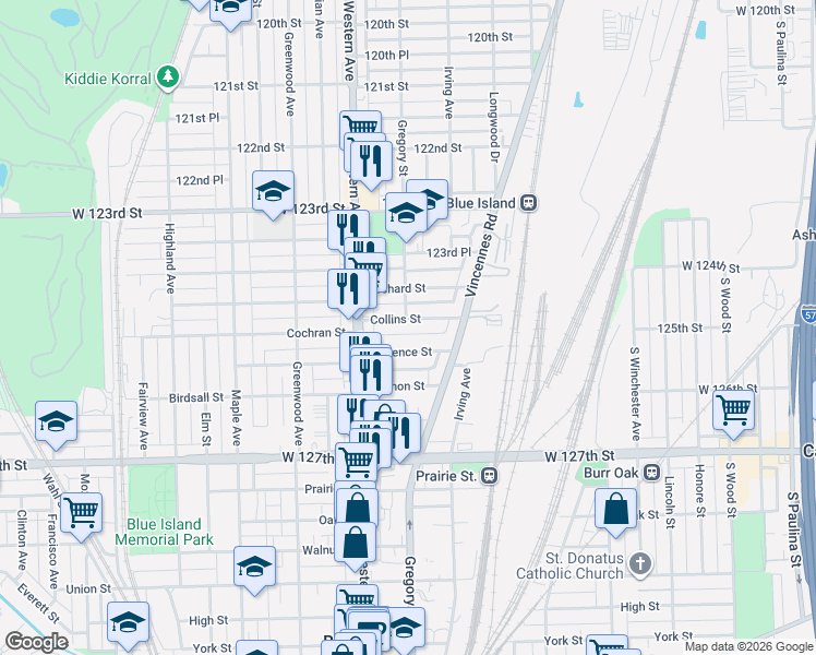 map of restaurants, bars, coffee shops, grocery stores, and more near 2300 Collins Street in Blue Island