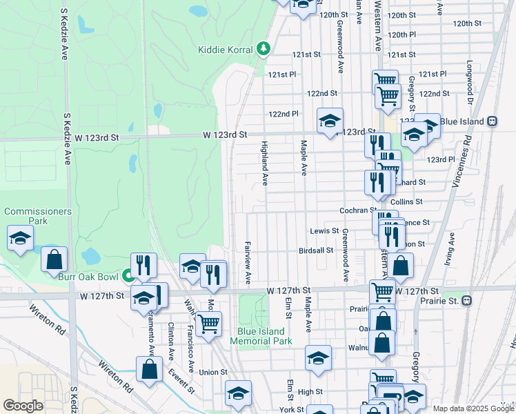 map of restaurants, bars, coffee shops, grocery stores, and more near 12434 Highland Avenue in Blue Island
