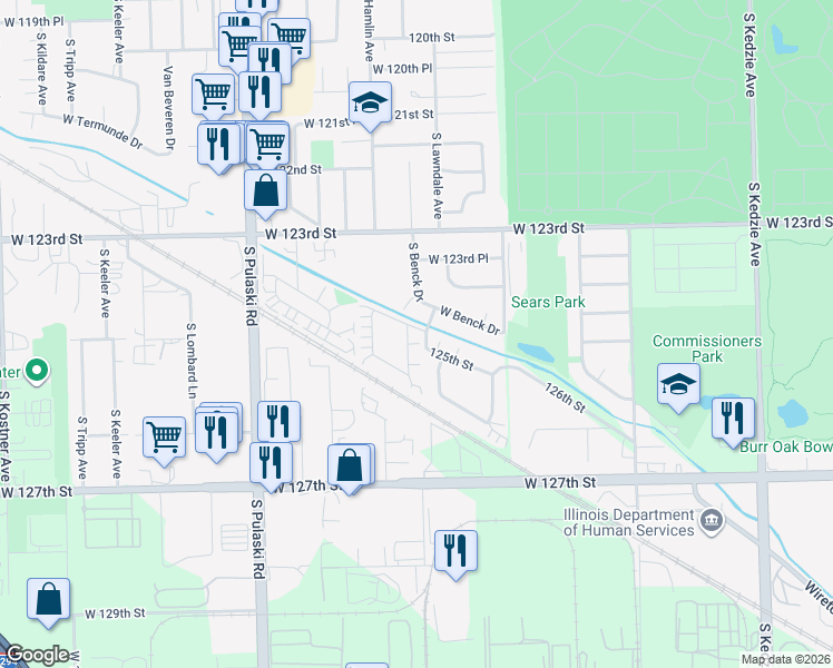 map of restaurants, bars, coffee shops, grocery stores, and more near 3661 West Benck Drive in Alsip