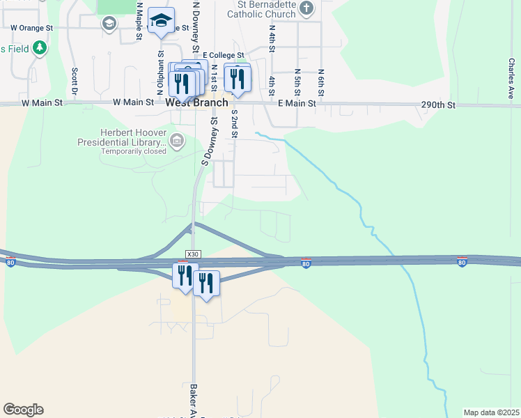map of restaurants, bars, coffee shops, grocery stores, and more near Cookson Drive in West Branch
