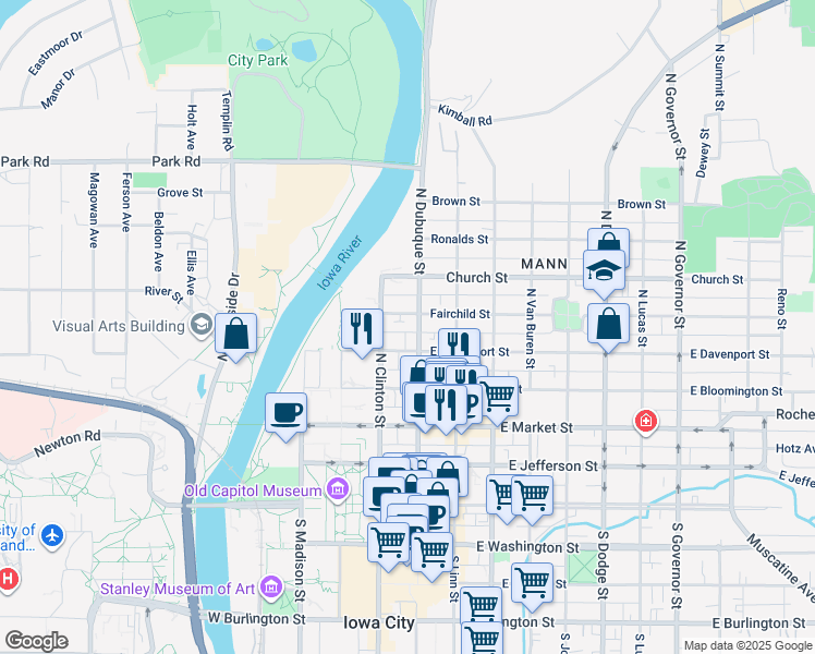 map of restaurants, bars, coffee shops, grocery stores, and more near in Iowa City
