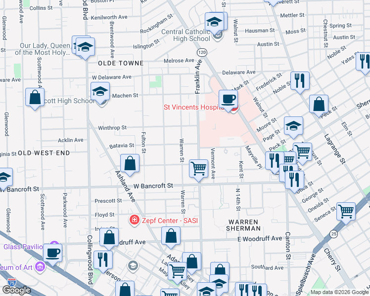 map of restaurants, bars, coffee shops, grocery stores, and more near 2278 Warren Street in Toledo