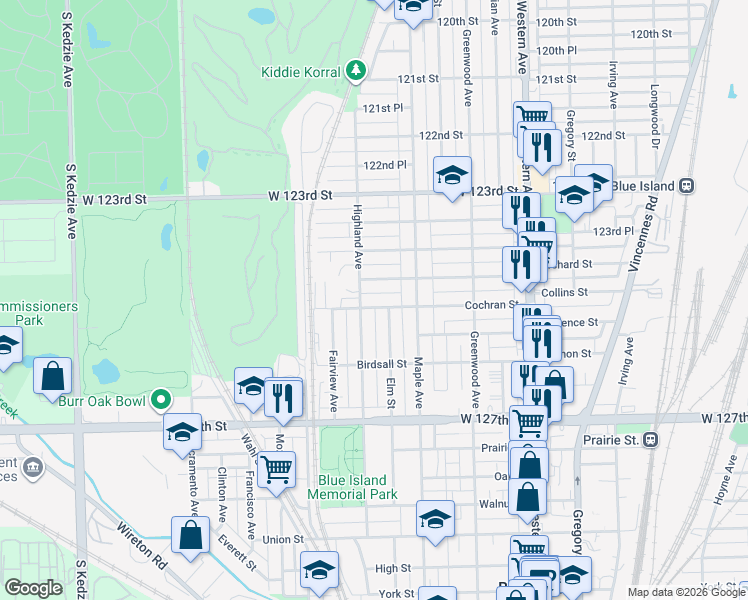 map of restaurants, bars, coffee shops, grocery stores, and more near 2645 Collins Street in Blue Island