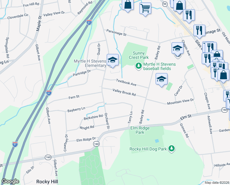 map of restaurants, bars, coffee shops, grocery stores, and more near 31 Valley Brook Road in Rocky Hill
