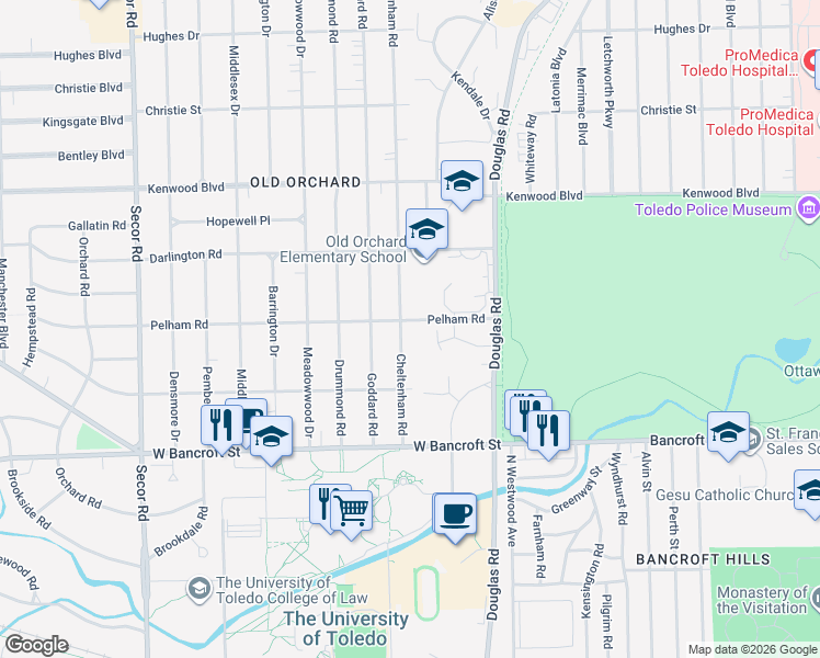 map of restaurants, bars, coffee shops, grocery stores, and more near 2402 Cheltenham Road in Toledo