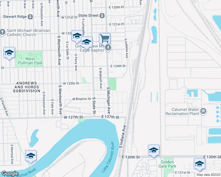 map of restaurants, bars, coffee shops, grocery stores, and more near 12475 South Michigan Avenue in Chicago
