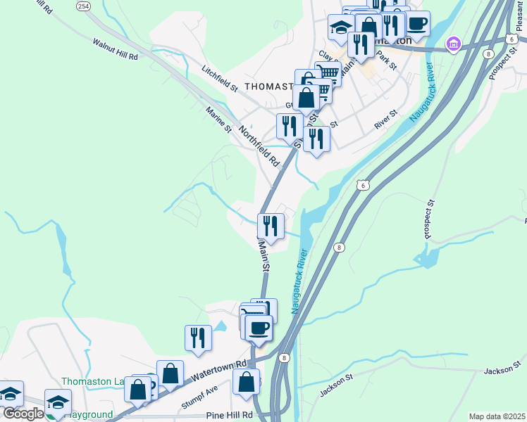 map of restaurants, bars, coffee shops, grocery stores, and more near South Main Street in Thomaston