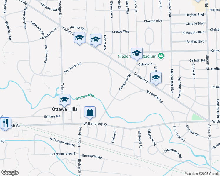 map of restaurants, bars, coffee shops, grocery stores, and more near 3837 Sulphur Spring Road in Ottawa Hills