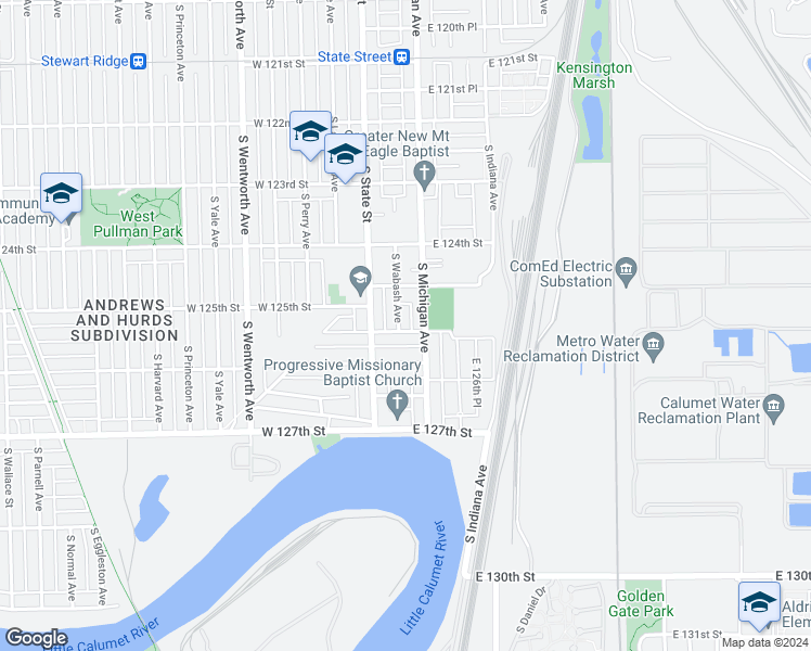 map of restaurants, bars, coffee shops, grocery stores, and more near 40 East 125th Place in Chicago